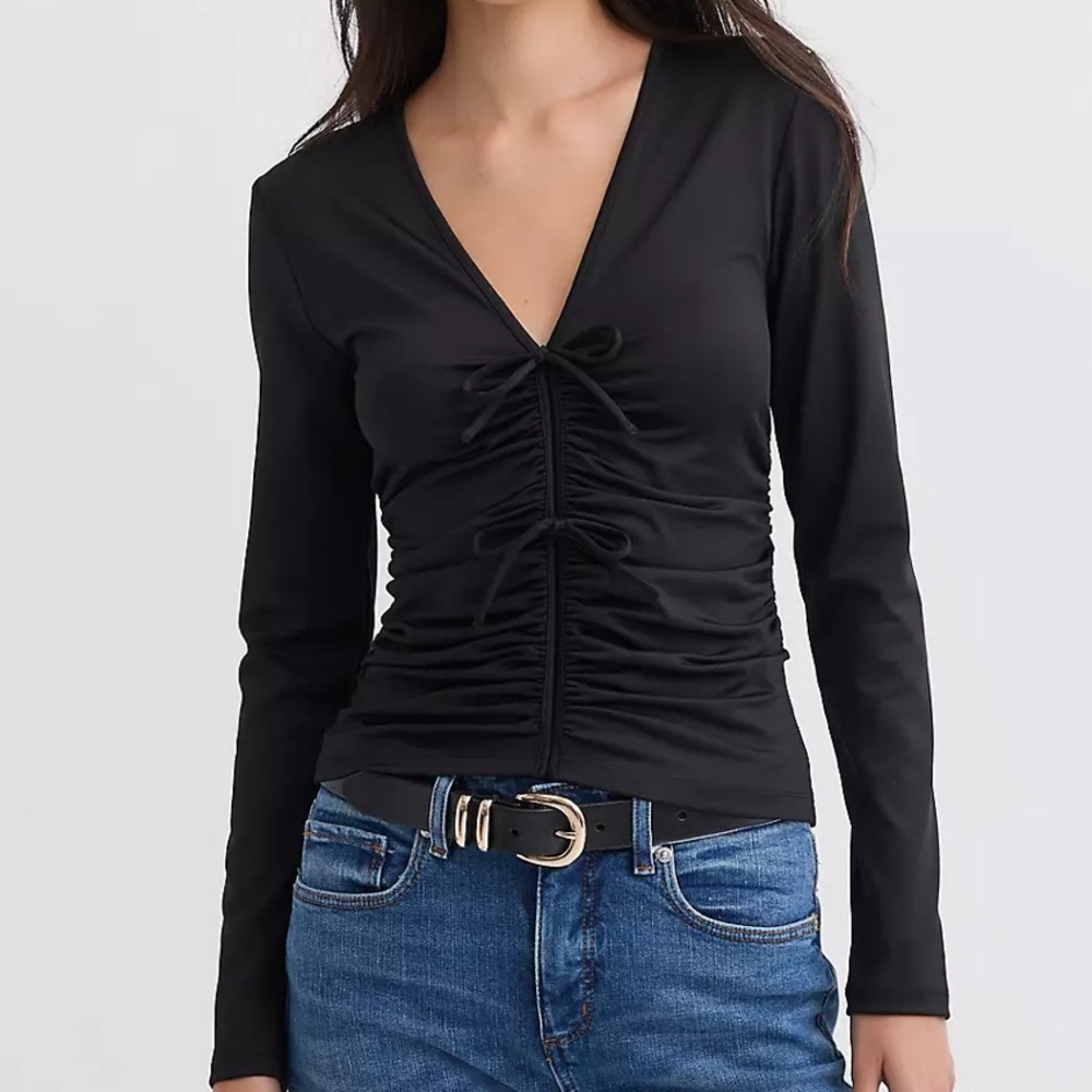 LOFT ruched v-neck top with bows, black, size XL NWT!